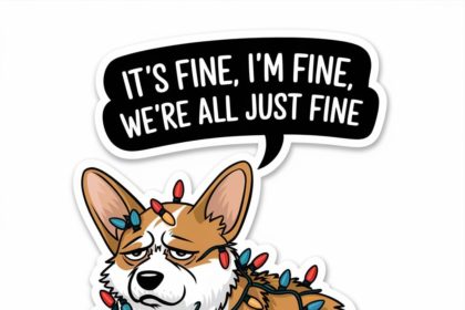 Christmas sticker featuring a frazzled corgi tangled in lights with the text "It's Fine, I'm Fine, We're All Just Fine."