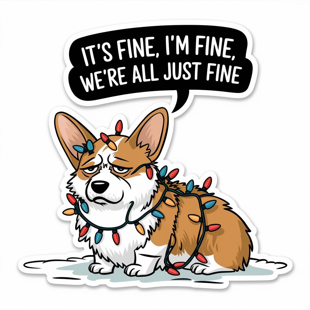 Christmas sticker featuring a frazzled corgi tangled in lights with the text "It's Fine, I'm Fine, We're All Just Fine."