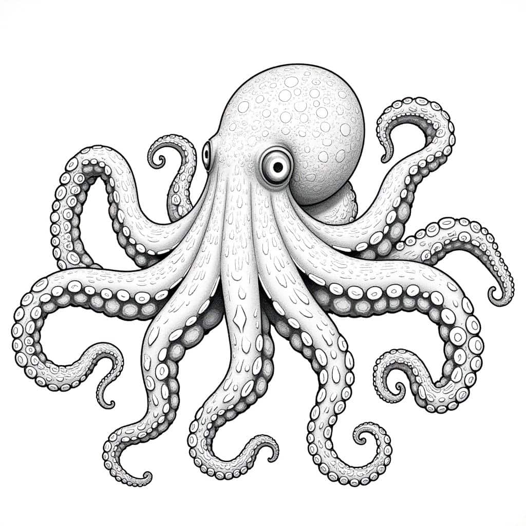 A pencil drawing coloring page of a galactic octopus with stardust-filled tentacles and cosmic patterns