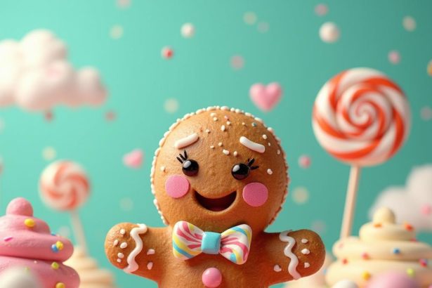 An adorable gingerbread character with a bowtie, surrounded by oversized pastel candies in a vibrant, whimsical candy wonderland.