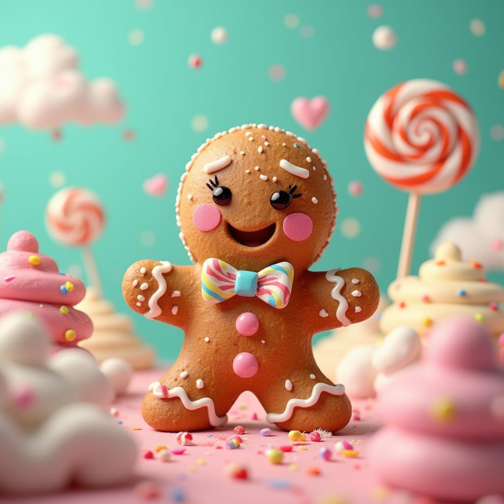 An adorable gingerbread character with a bowtie, surrounded by oversized pastel candies in a vibrant, whimsical candy wonderland.