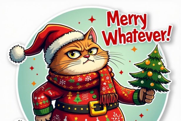 Cartoon sticker of a grumpy cat in Christmas attire with "Merry Whatever" text.