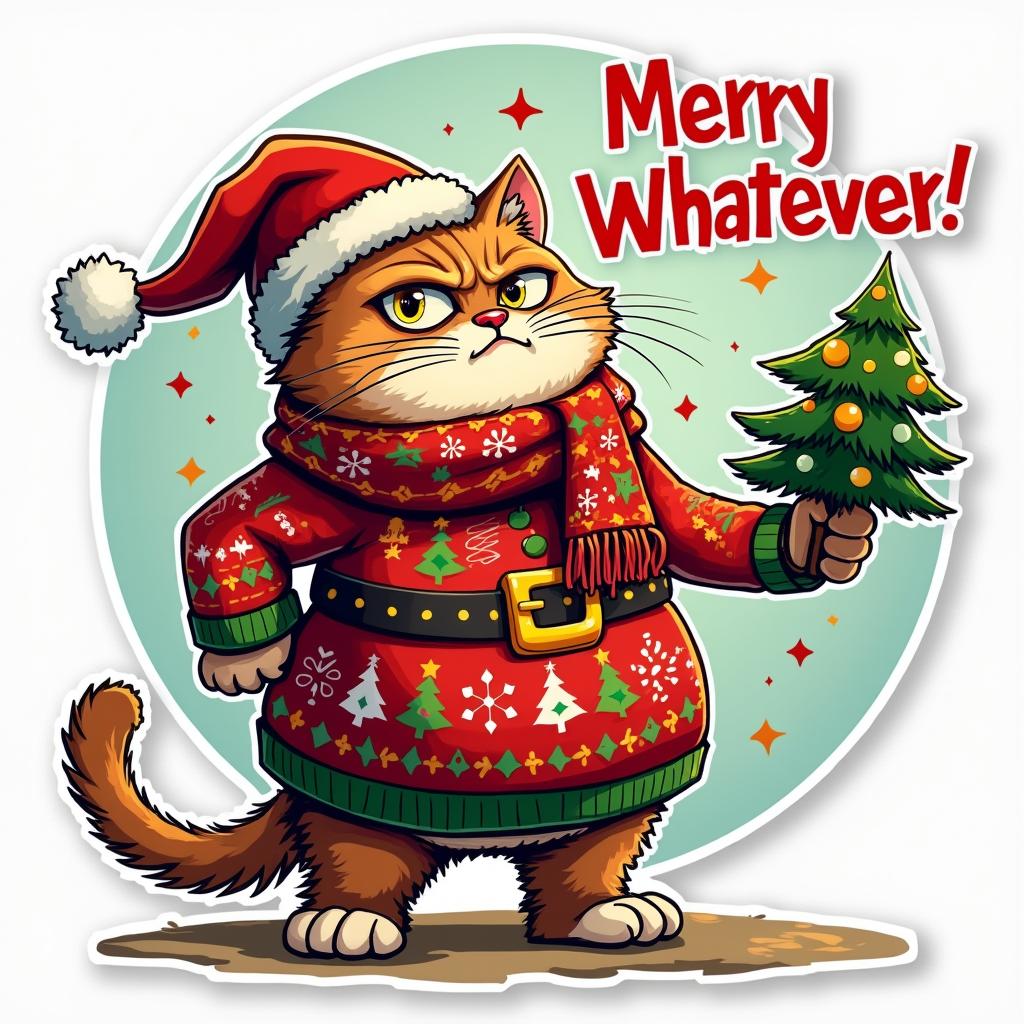 Cartoon sticker of a grumpy cat in Christmas attire with "Merry Whatever" text.