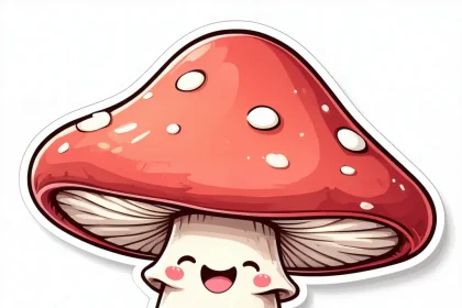 A happy mushroom with a friendly face designed as a 2D sticker