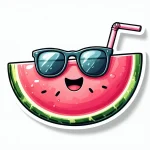 A happy watermelon with sunglasses and a straw designed as a 2D sticker