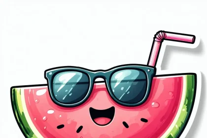 A happy watermelon with sunglasses and a straw designed as a 2D sticker