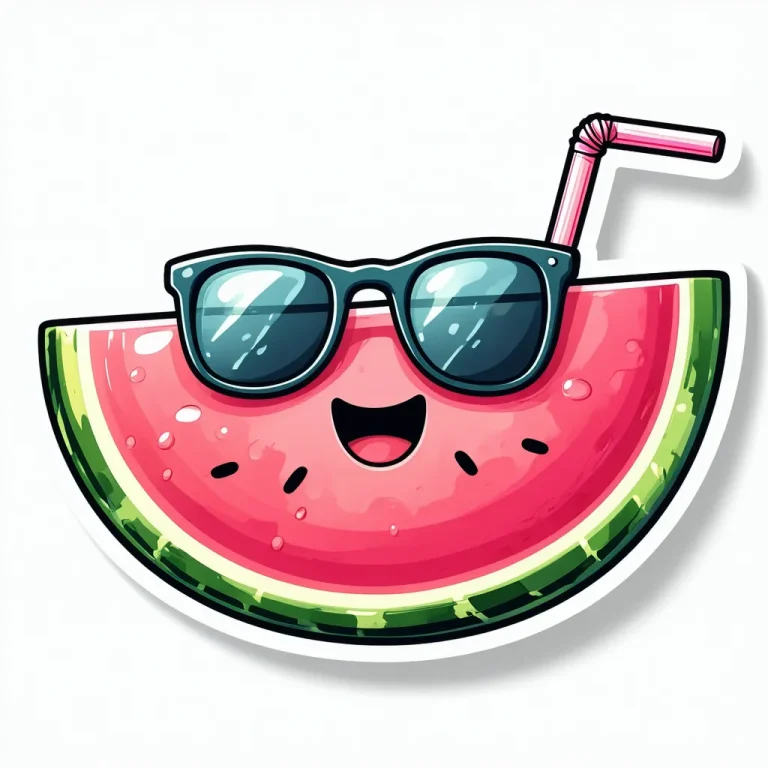 Happy Watermelon with Sunglasses and Straw Sticker Design
