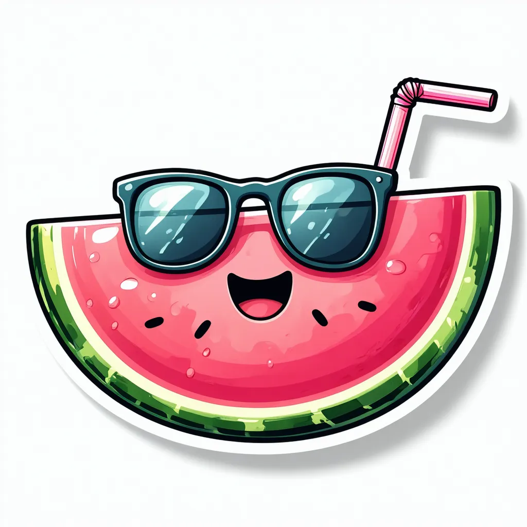 A happy watermelon with sunglasses and a straw designed as a 2D sticker