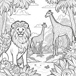 A jungle safari coloring page with lions, monkeys, and giraffes