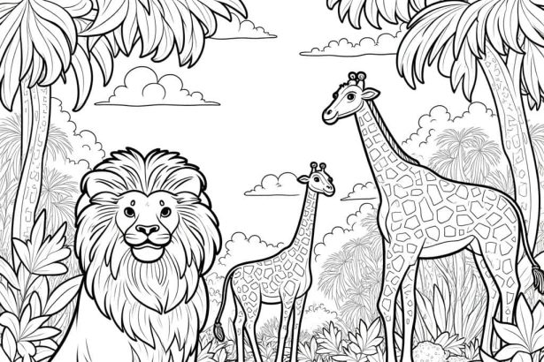 A jungle safari coloring page with lions, monkeys, and giraffes