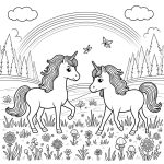 A magical meadow coloring page with unicorns, flowers, and a rainbow