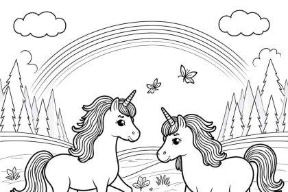 A magical meadow coloring page with unicorns, flowers, and a rainbow