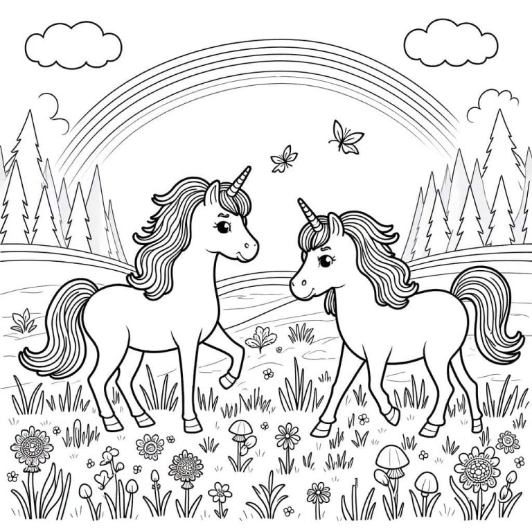 Magical Unicorn Meadow Coloring Page: Enchanting Fantasy Scene