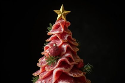 Creative Christmas tree made from slices of meat, decorated with baubles and a golden star, set against a dark background.