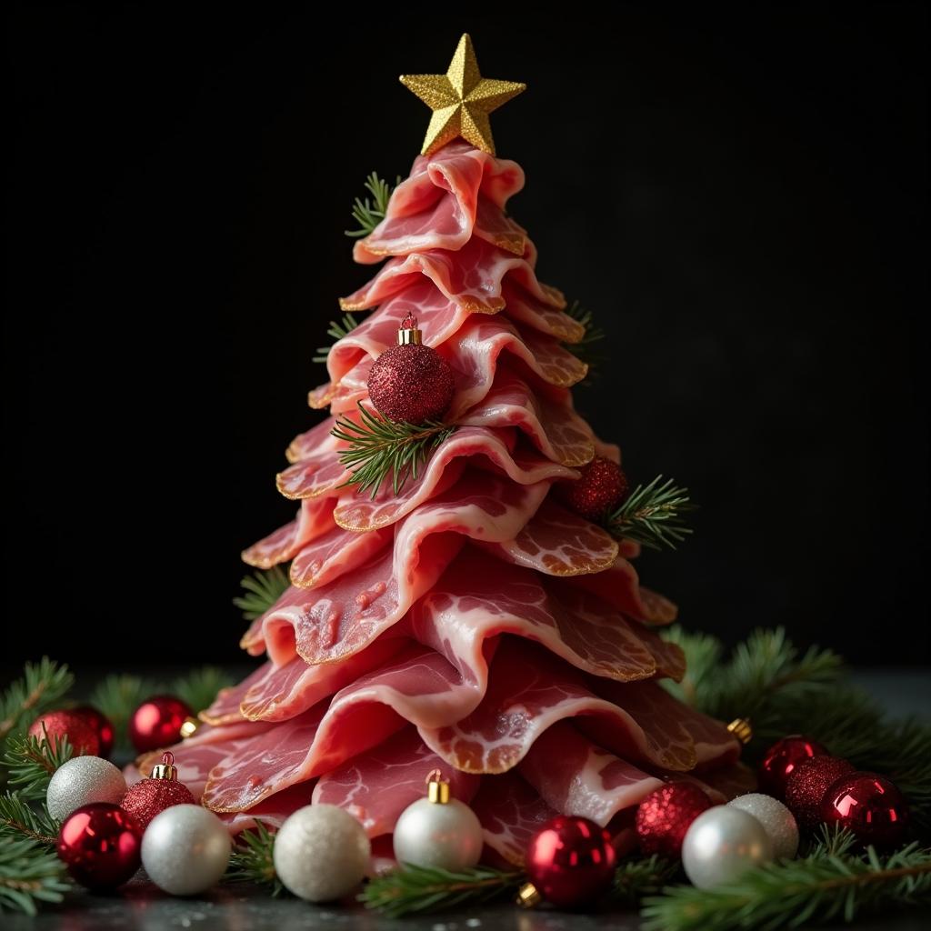 Creative Christmas tree made from slices of meat, decorated with baubles and a golden star, set against a dark background.