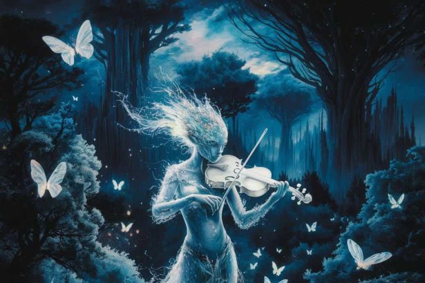 A hyperrealistic watercolor painting of an ethereal being in a bioluminescent crystalline forest