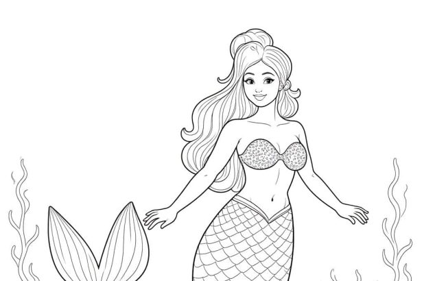 An ocean mermaids coloring page with graceful mermaids and sea creatures