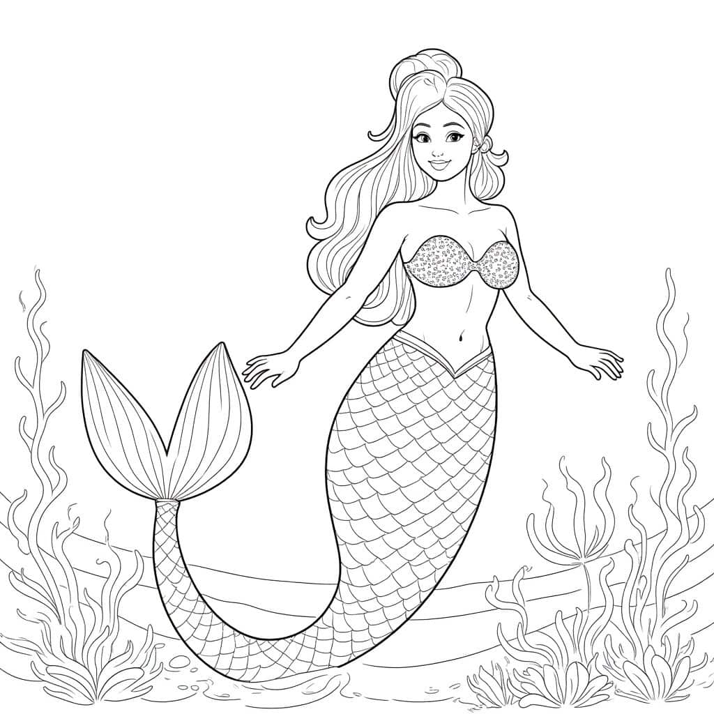 An ocean mermaids coloring page with graceful mermaids and sea creatures