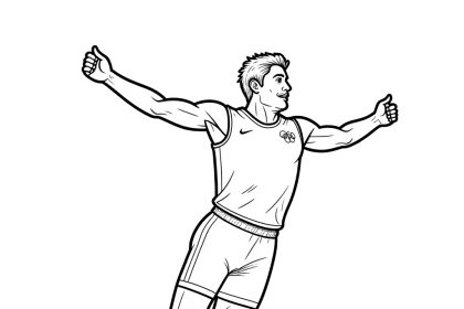 Cartoon illustration of Olympic athletes celebrating in light grayscale line art.