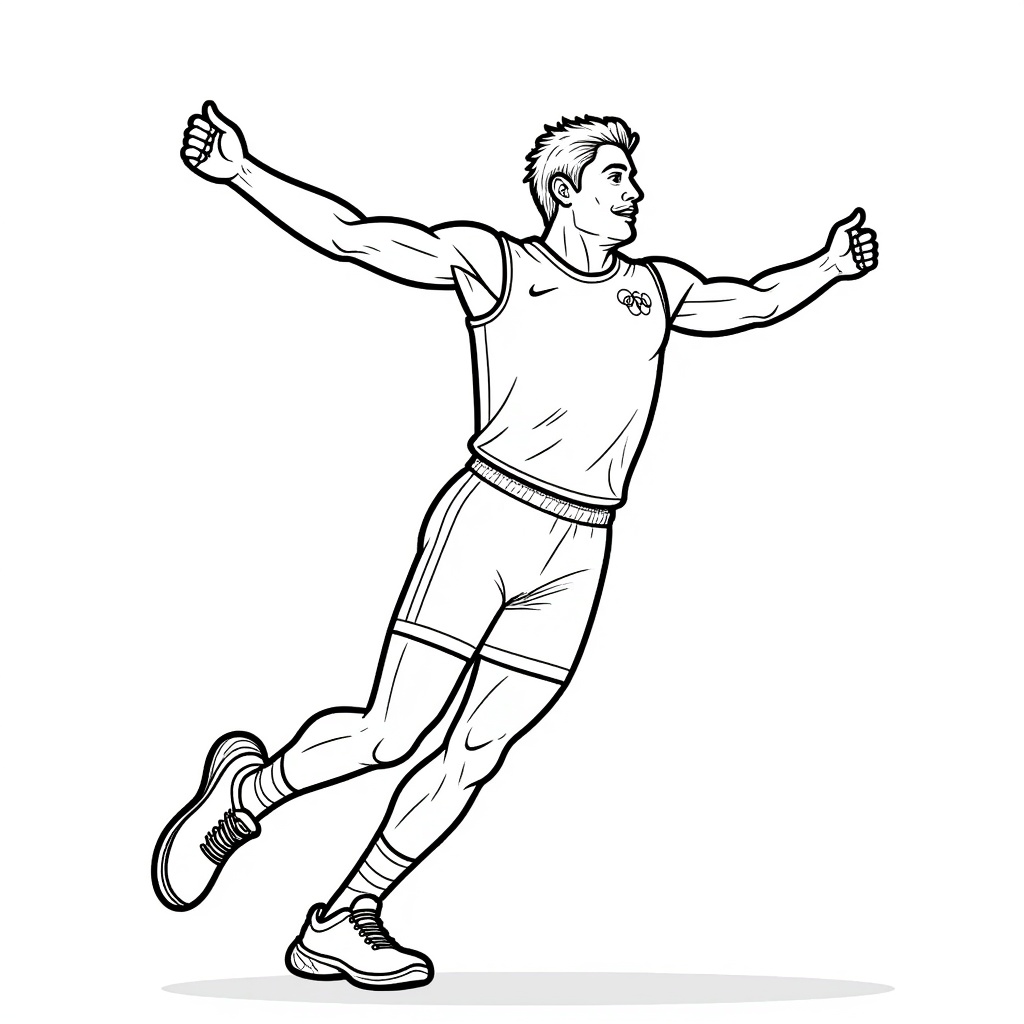 Cartoon illustration of Olympic athletes celebrating in light grayscale line art.