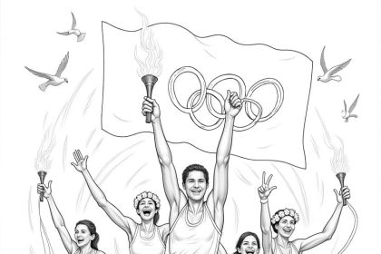 Cartoon illustration of Olympic athletes celebrating in light grayscale line art.