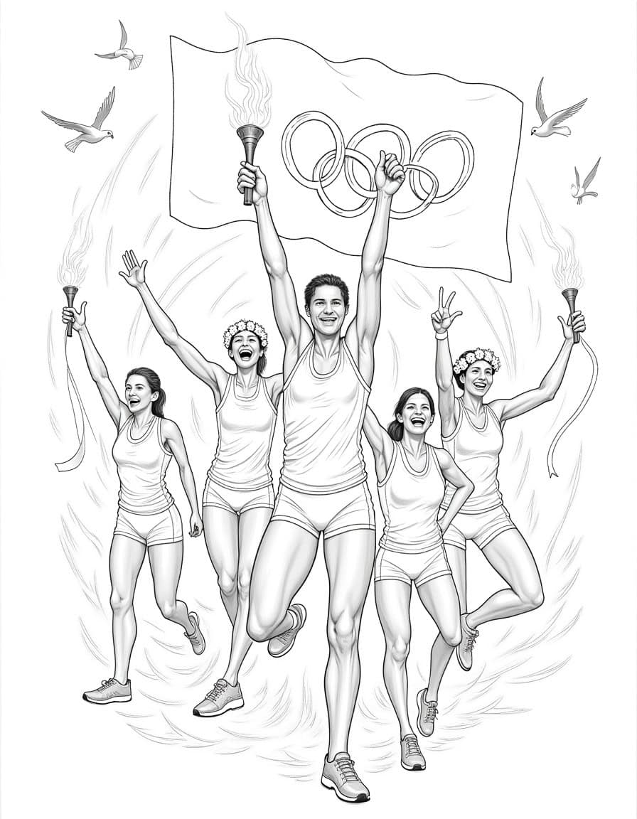 Cartoon illustration of Olympic athletes celebrating in light grayscale line art.