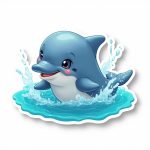 A playful dolphin with waves in a 2D sticker design