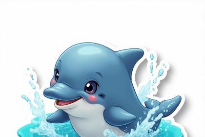 A playful dolphin with waves in a 2D sticker design