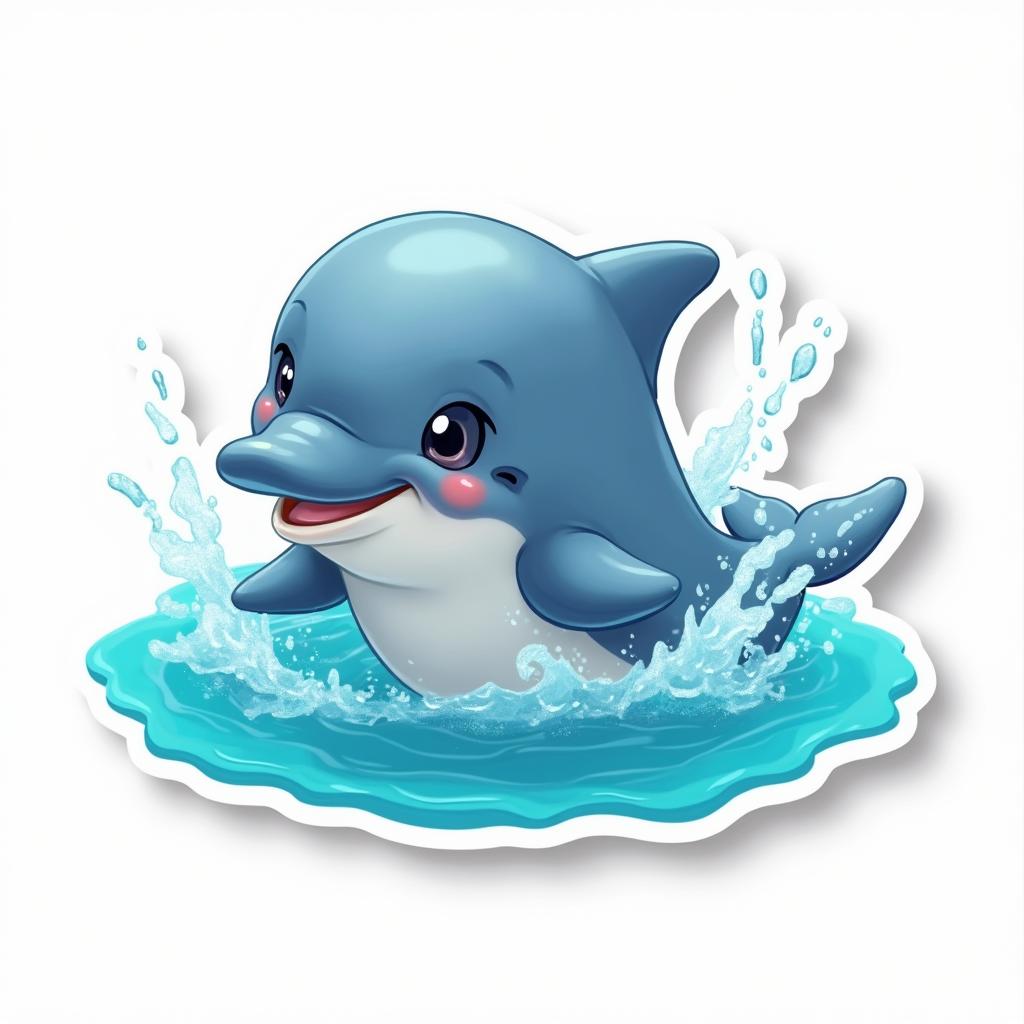 A playful dolphin with waves in a 2D sticker design