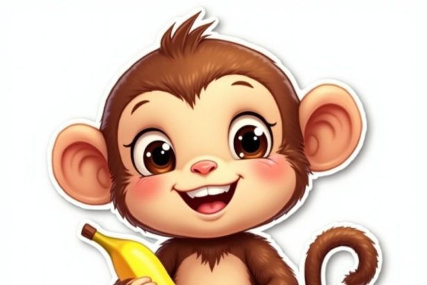 A playful 2D illustration of a monkey with a banana and cheeky grin