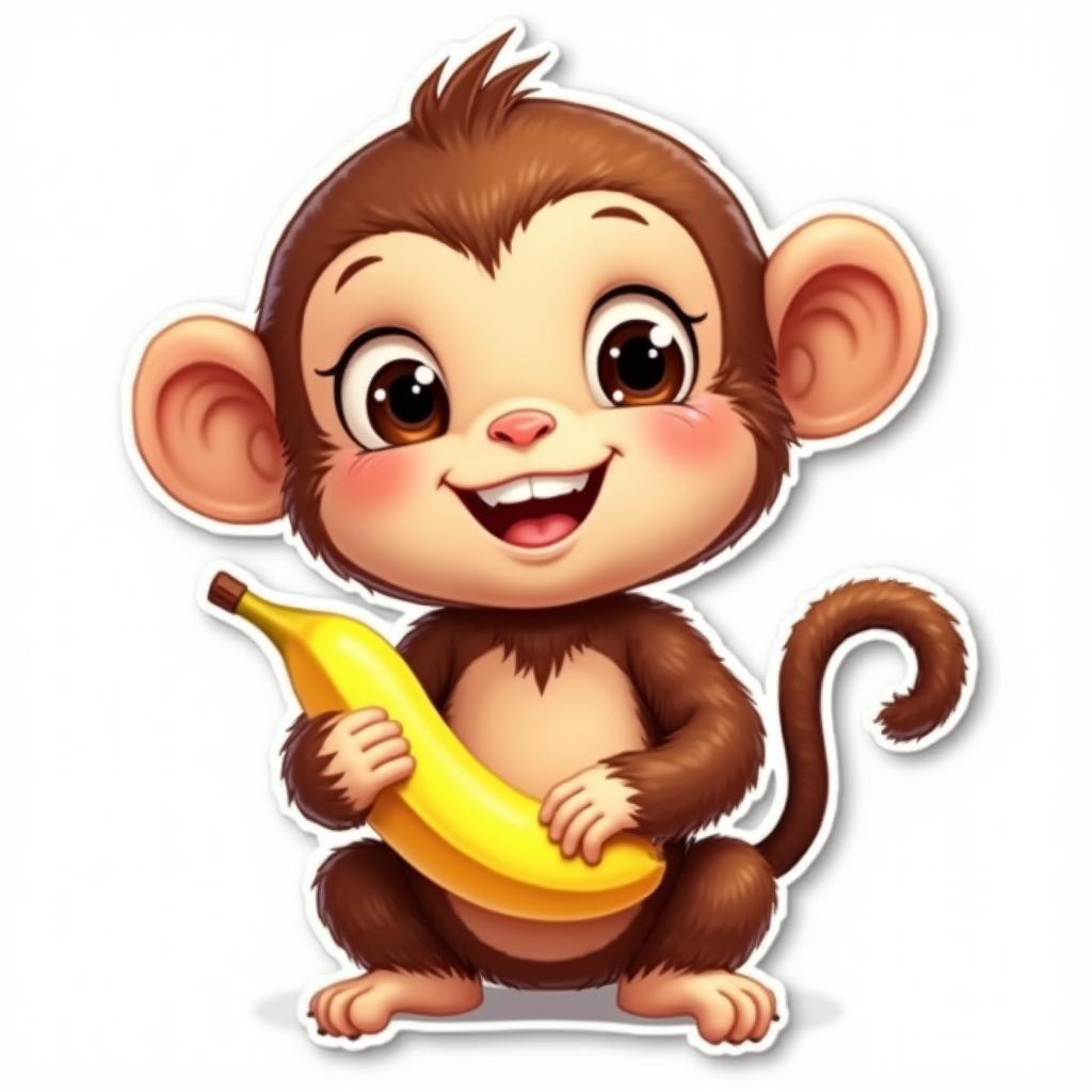 A playful 2D illustration of a monkey with a banana and cheeky grin