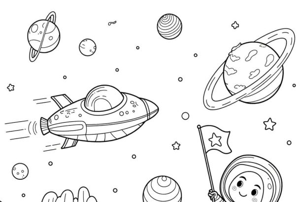 Cartoon-style space exploration coloring page with astronaut and planets