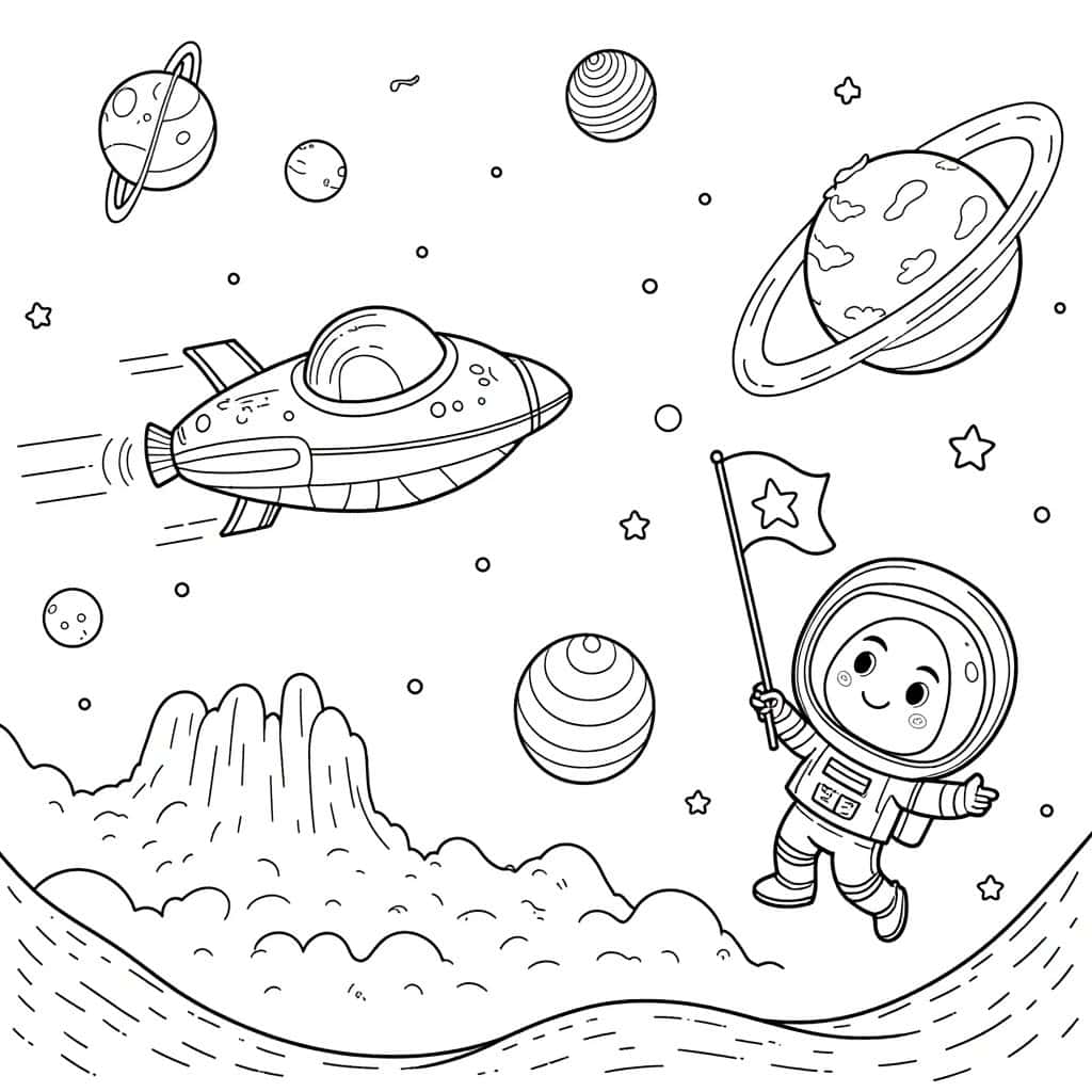 Cartoon-style space exploration coloring page with astronaut and planets