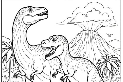 A prehistoric coloring page with T-Rex, Brachiosaurus, and volcano