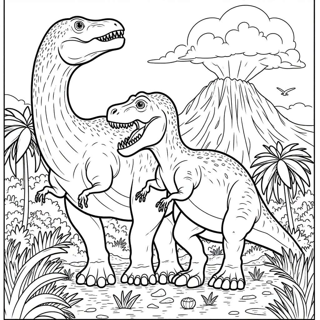 A prehistoric coloring page with T-Rex, Brachiosaurus, and volcano