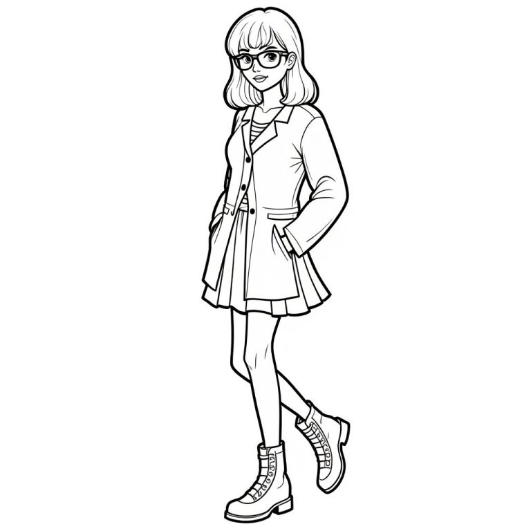 Stylish Preppy Fashion Coloring Page in B&W Lineart