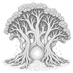 A pencil drawing coloring page of a Quantum Forest with multidimensional trees and cosmic details