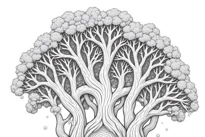 A pencil drawing coloring page of a Quantum Forest with multidimensional trees and cosmic details