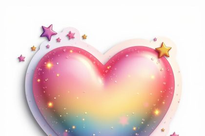 A cute rainbow heart sticker with shooting stars on a white background.