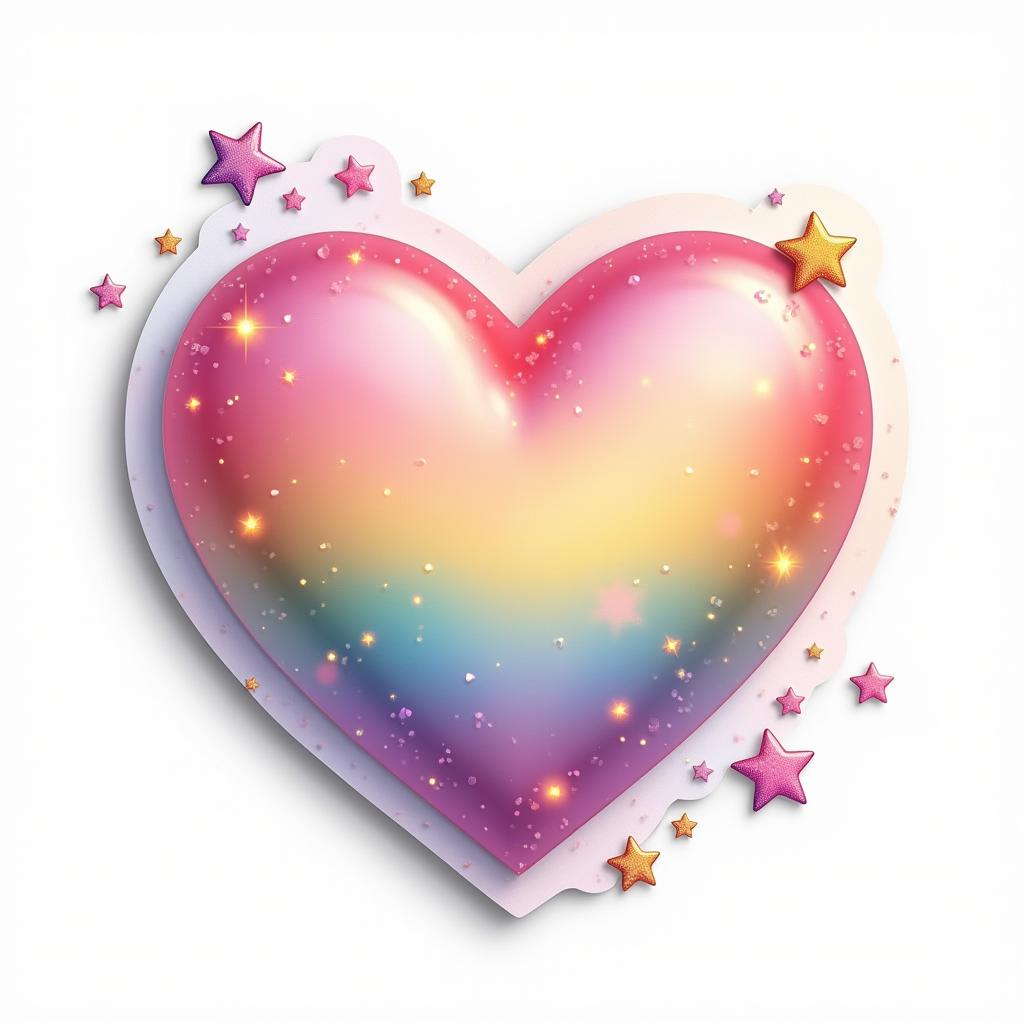 A cute rainbow heart sticker with shooting stars on a white background.