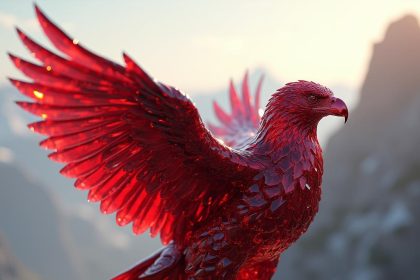 A majestic eagle made entirely of ruby gemstones, perched on a rocky cliffside