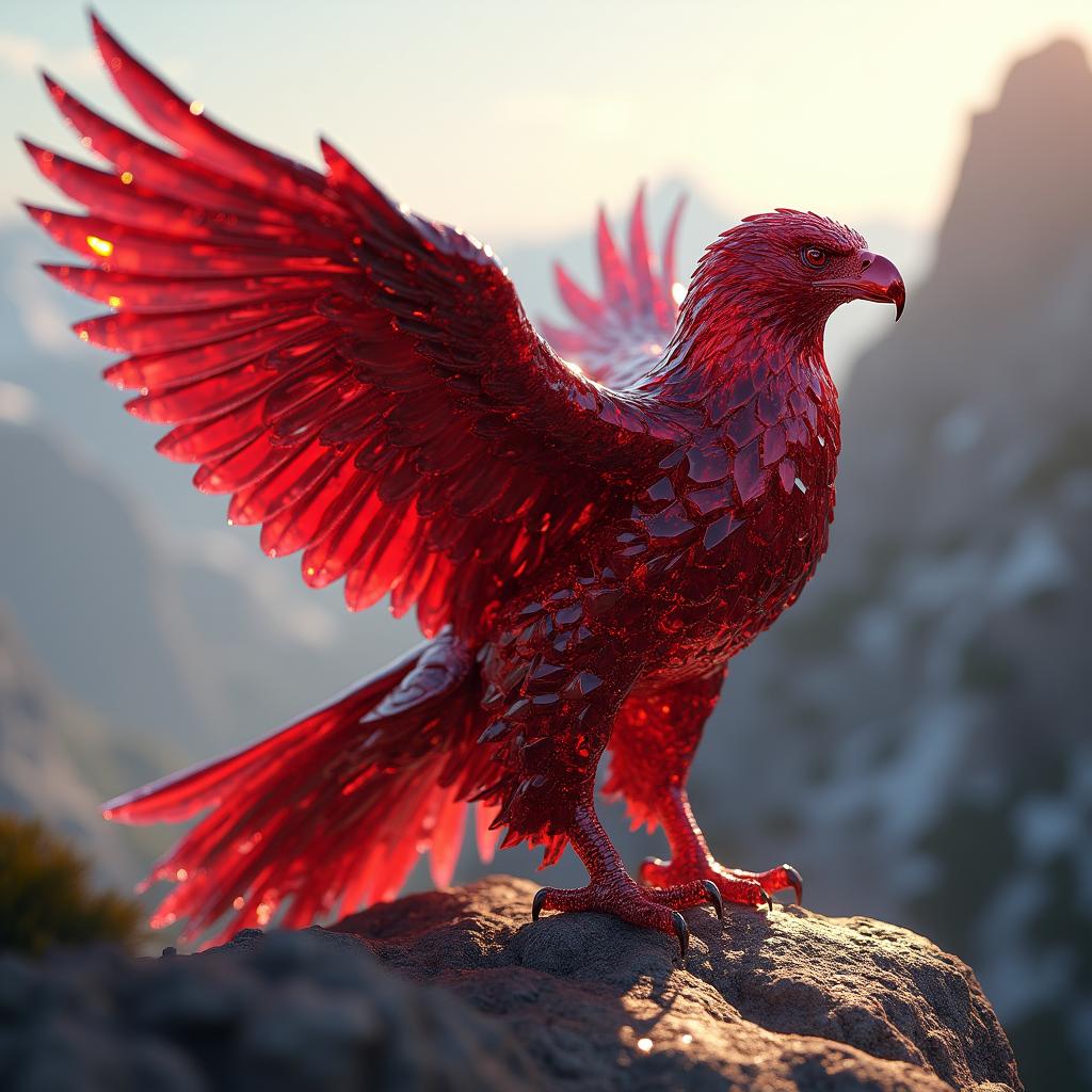 A majestic eagle made entirely of ruby gemstones, perched on a rocky cliffside