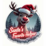 Christmas sticker with a smiling reindeer in a Santa hat and text "Santa’s Favorite Helper" on a snowy background.