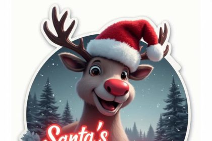 Christmas sticker with a smiling reindeer in a Santa hat and text "Santa’s Favorite Helper" on a snowy background.