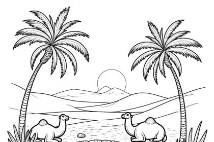 A serene desert oasis coloring page with camels, palm trees, and sand dunes