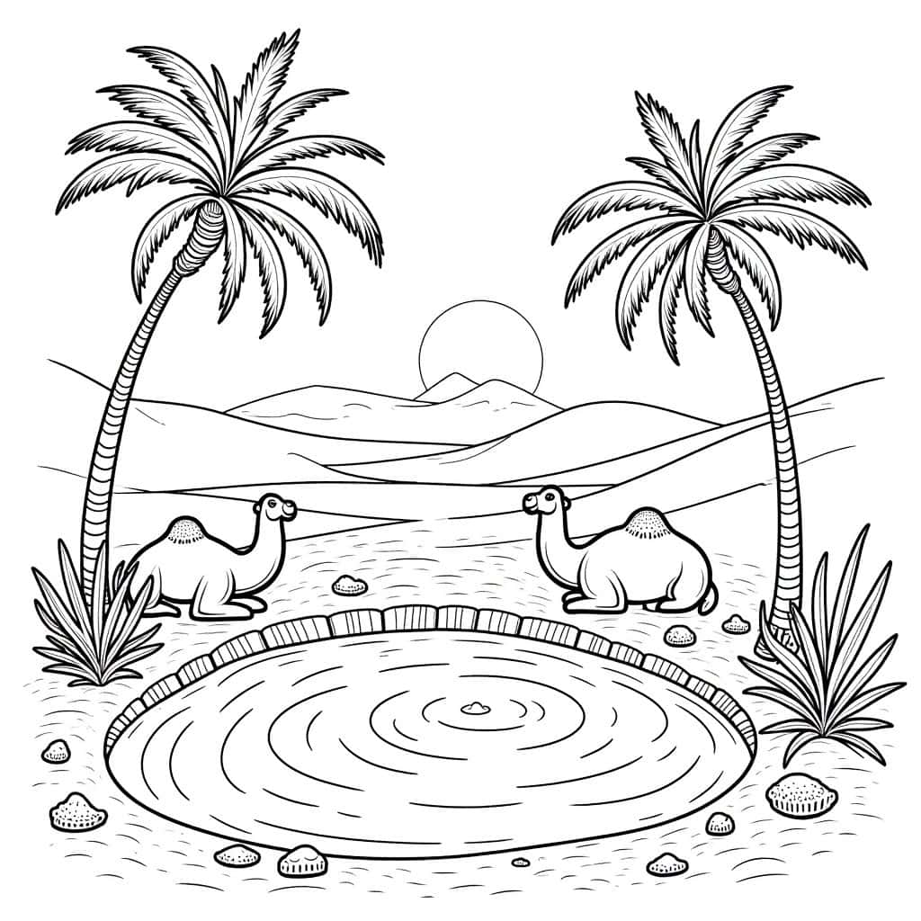 A serene desert oasis coloring page with camels, palm trees, and sand dunes