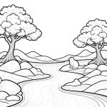 Black and white line art of a serene Zen garden with meditating animals.