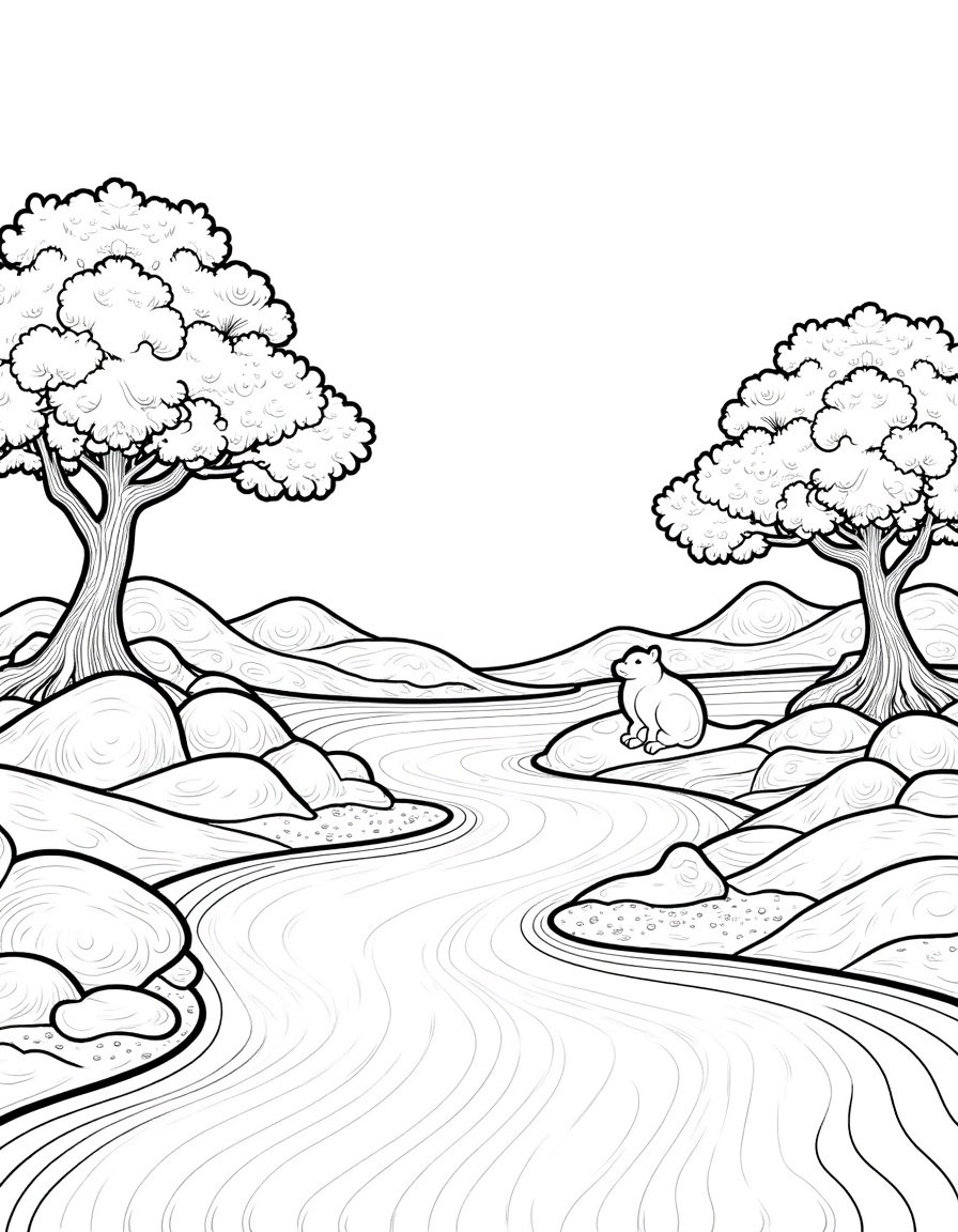 Black and white line art of a serene Zen garden with meditating animals.