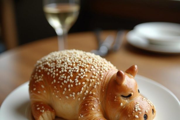 A hyper-realistic croissant shaped like a sleeping hippo with sesame seeds on a white ceramic plate