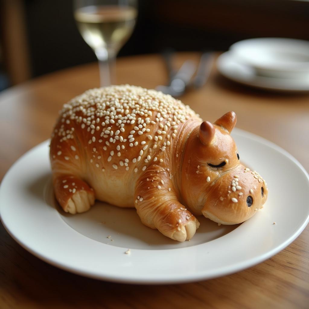 A hyper-realistic croissant shaped like a sleeping hippo with sesame seeds on a white ceramic plate